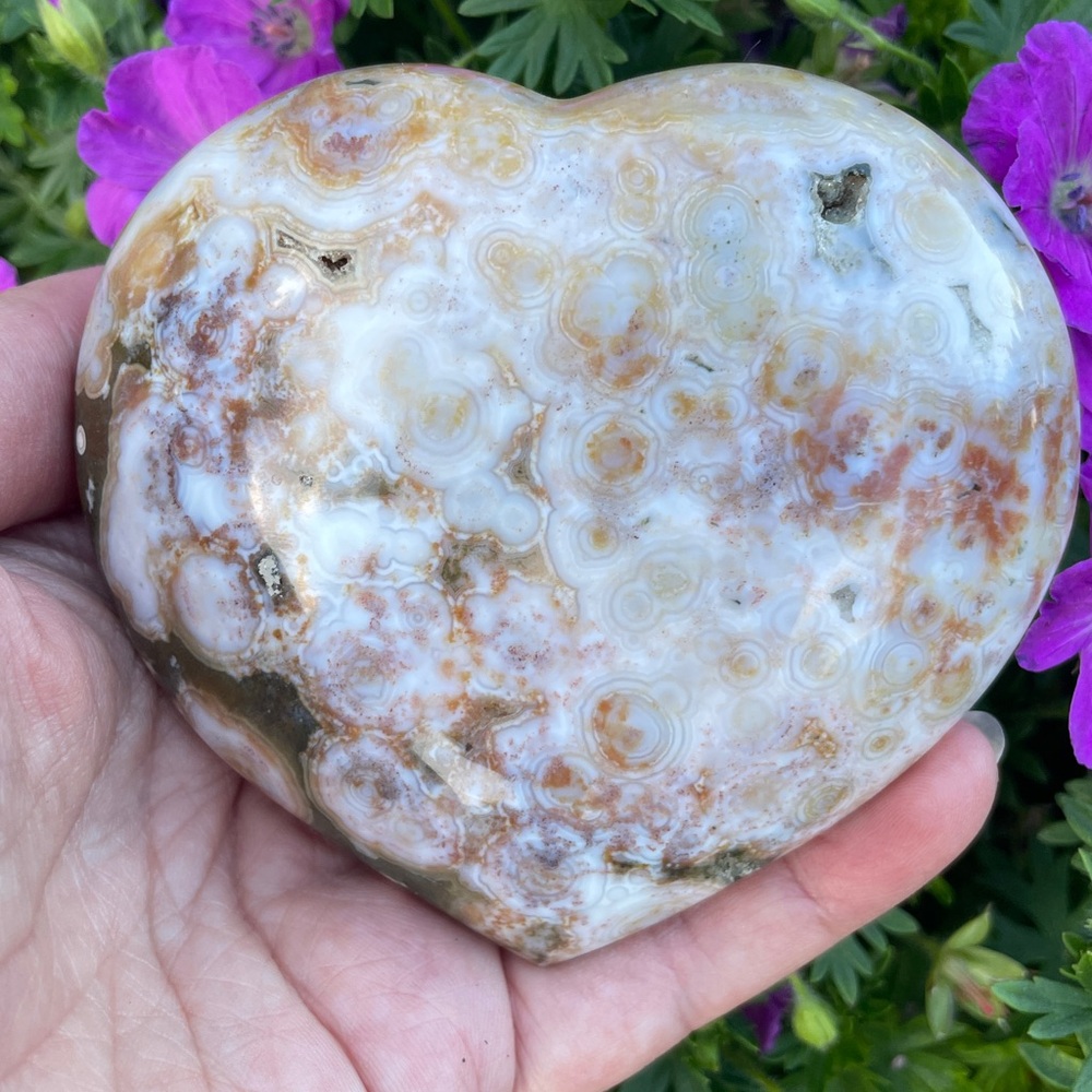 8th Vein Ocean Jasper HeartWith Rare Pink and Orange Orbs